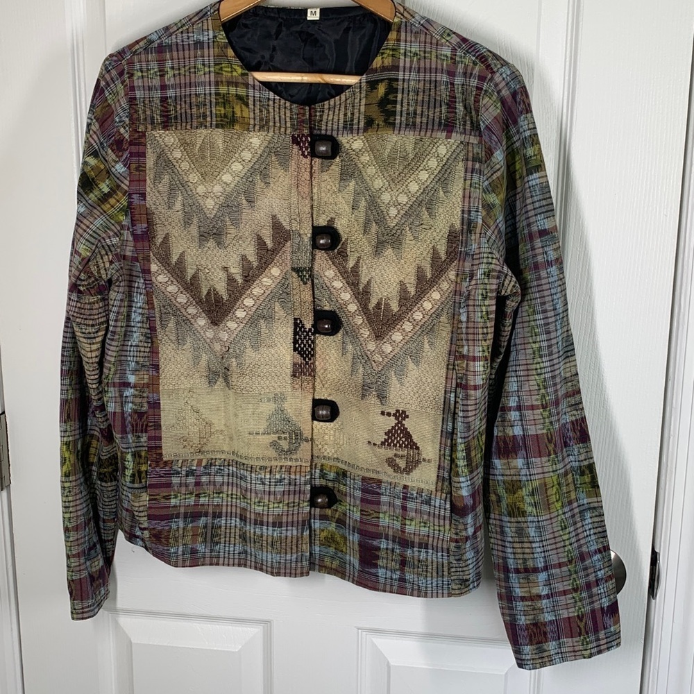 Brocade embroidered jacket wooden buttons southwestern, Aztec print size medium